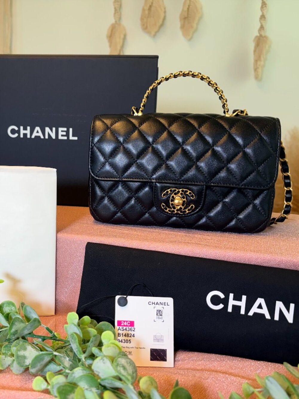 NWT CHANEL Mini Flap Bag Top Handle Black Lambskin Brushed Gold Hardware 24C